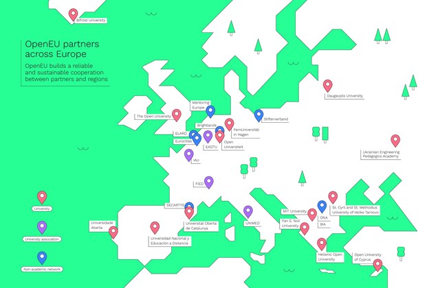 Yfirlitskort yfir samstarfsaðila innan OpenEU háskólanetsins.
